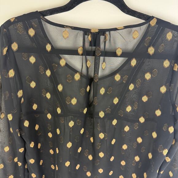 Lucky Brand Womens Medallion Embroidered Keyhole Sheer Black/Gold Blouse Medium - Picture 6 of 9